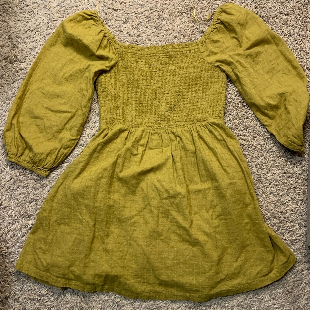 Lost + Wander Smocked Long Sleeve Mini Dress Dark Mustard Yellow with pockets